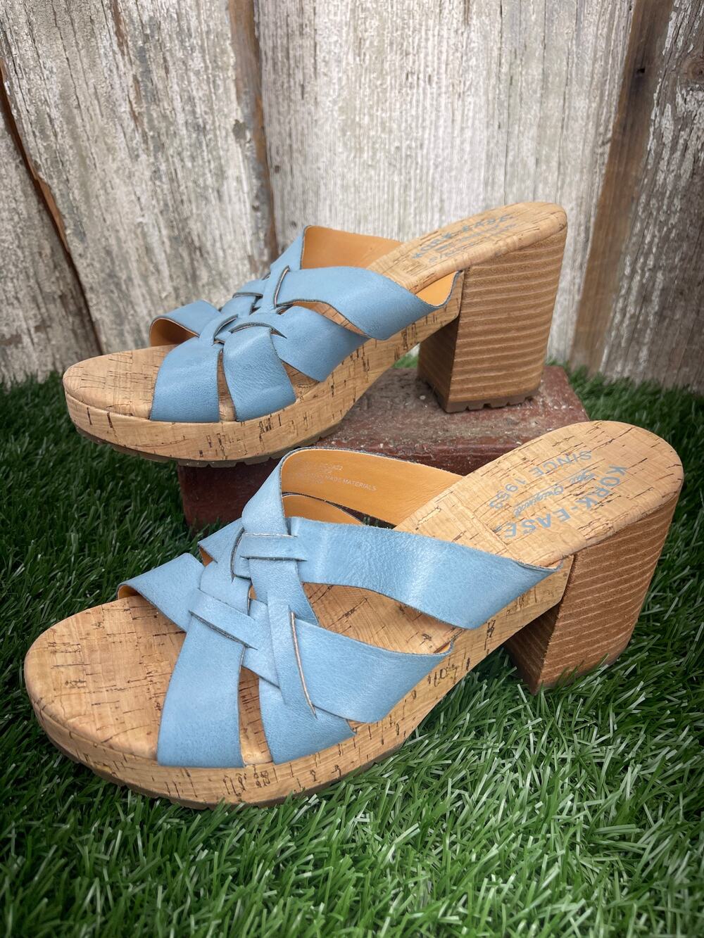 Kork-Ease Charis Woven Leather Cork Platform Slide Sandals Light Blue Women's 8